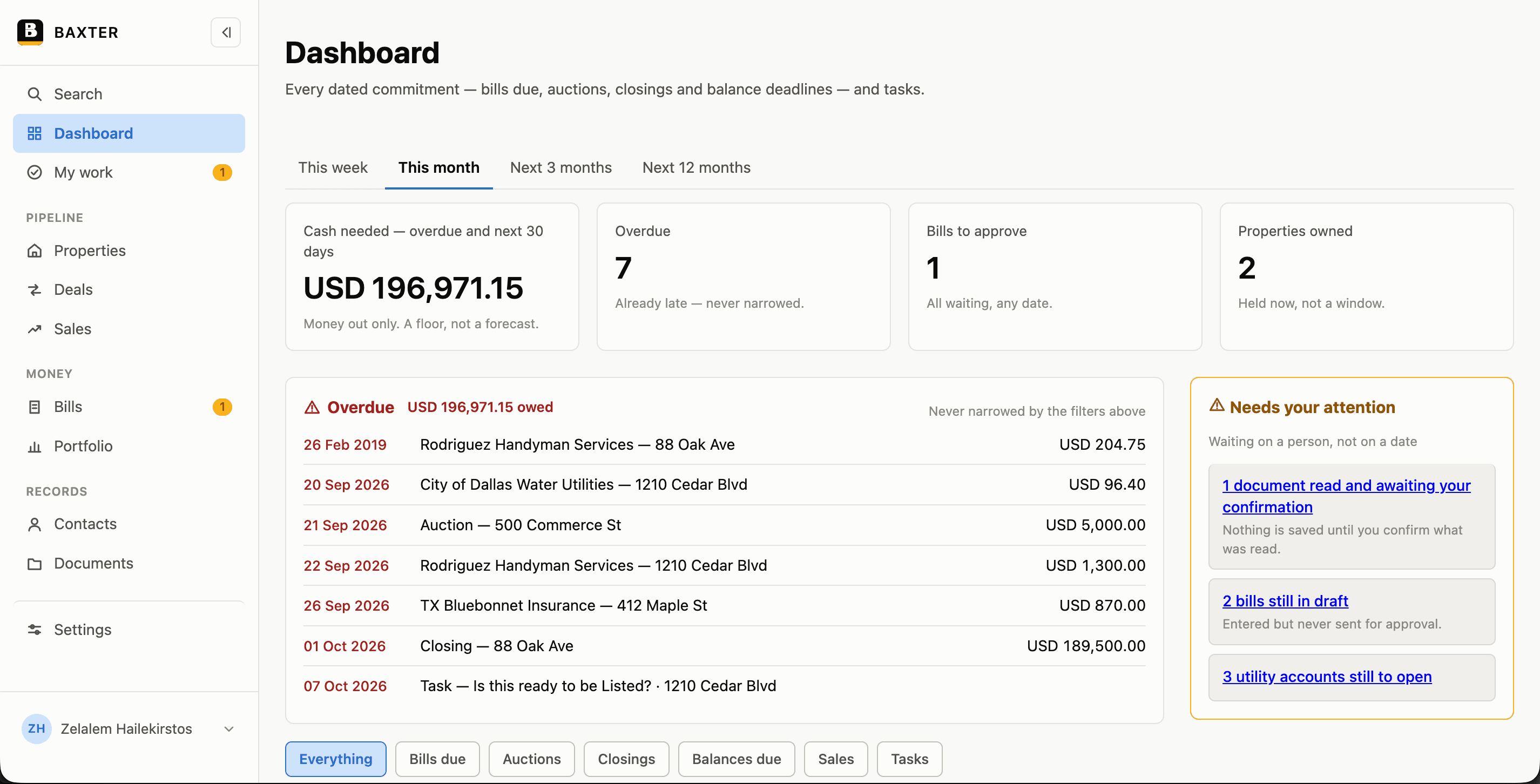 Baxter Operations dashboard screenshot