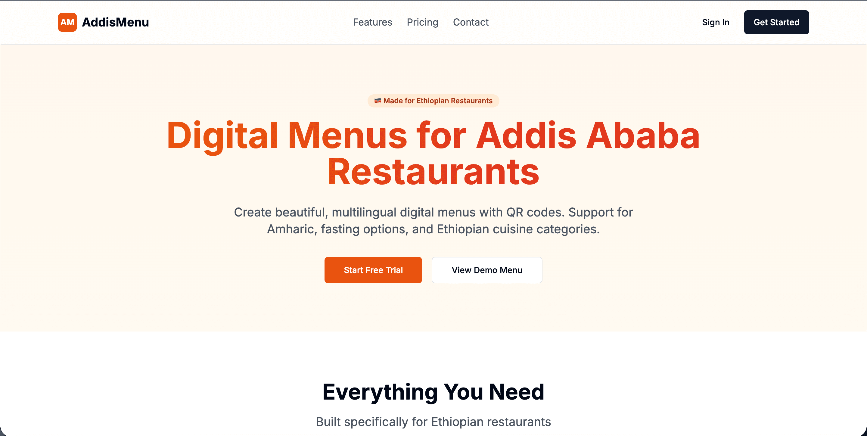 AddisMenu website screenshot